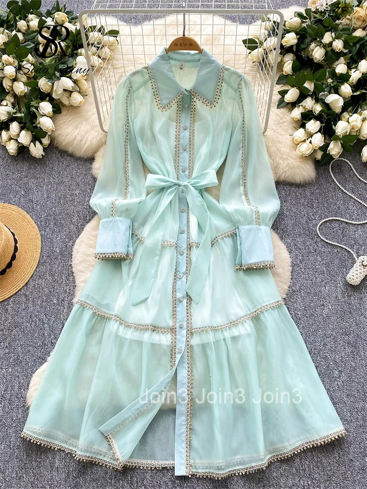 HIgh Quality Luxury Vintage Long Dress Female Lapel Long Sleeves Court Design French Retro Sheer Lace Chiffon Dress