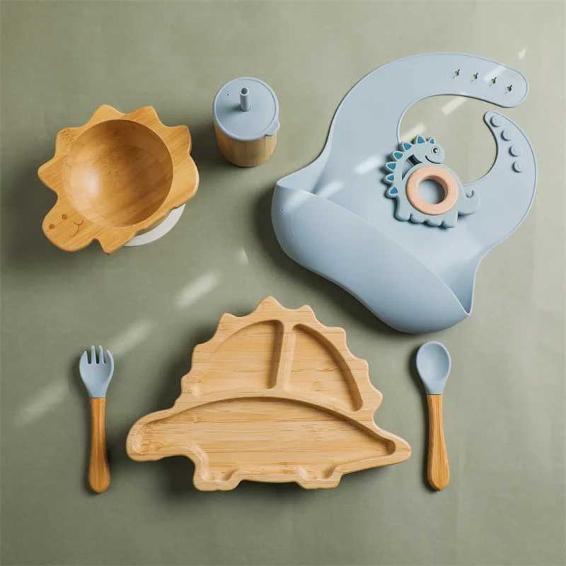 Baby Wooden Tableware Feeding Set Bamboo Dinosaur Plate Bowl Silicone Wooden Handle Fork Spoon Baby Dinnerware Feeding Supplies X250806