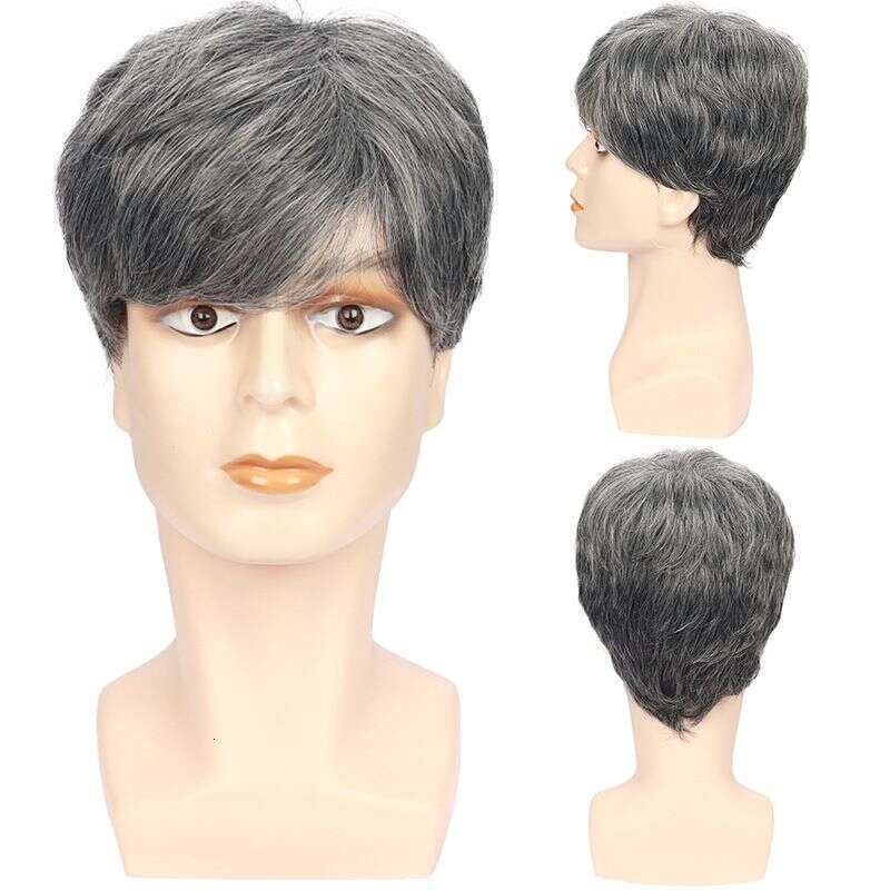 Synthetic Clip-In Men's Gray Side Parted Short Straight Hair Chemical Fiber Headpiece Multi Layered Natural Wig