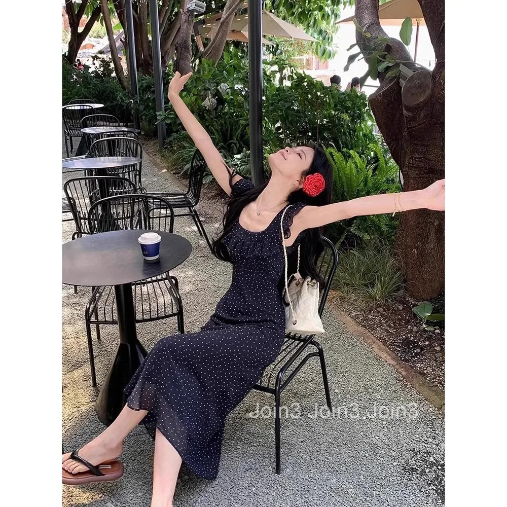 Elegant White Polka Dot Long Dress Womens Summer Hot Sale Of The Season New Small Fly Sleeve Unique Design Waist Cinch French S