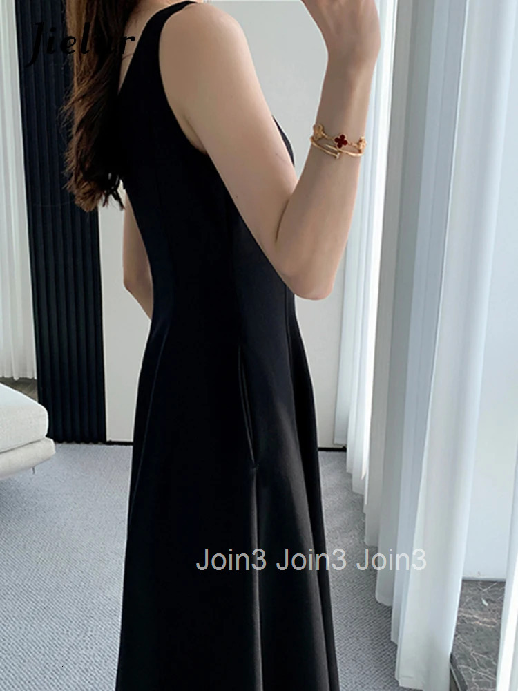 Jielur French Style Black Spaghetti Strap Female Dresses Summer Slim Waist Elegant Evening Womens Dresses Birthday Party Dress
