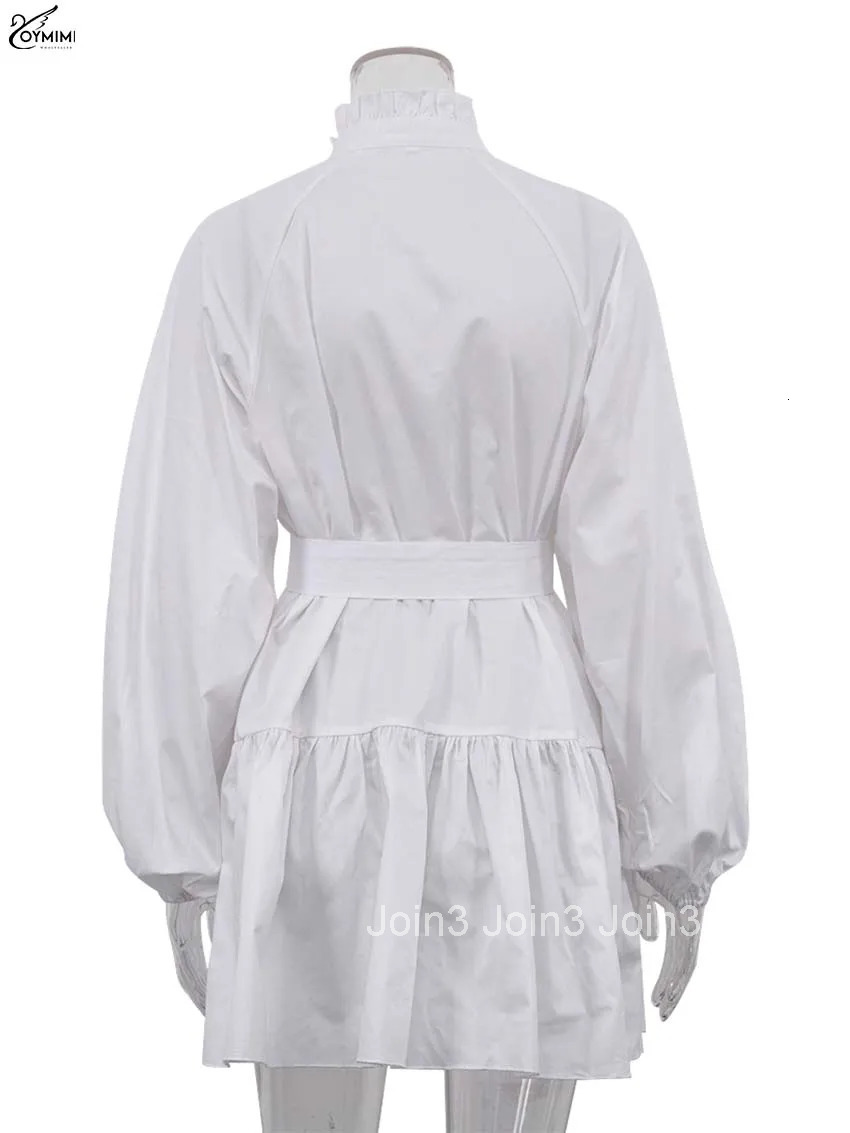 Elegant White Cotton Womens Dress Casual Ruffled Collar Long Sleeve Single Breasted Dresses Fashion Lace-Up Mini Dresses