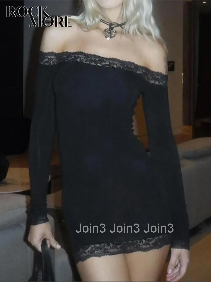 Rockmore Womens Lace Off Shoulder Bodycon Dress Elegant Long Sleeve Mini Dress for Party Club Dating Ladies Spring Fall Clothes