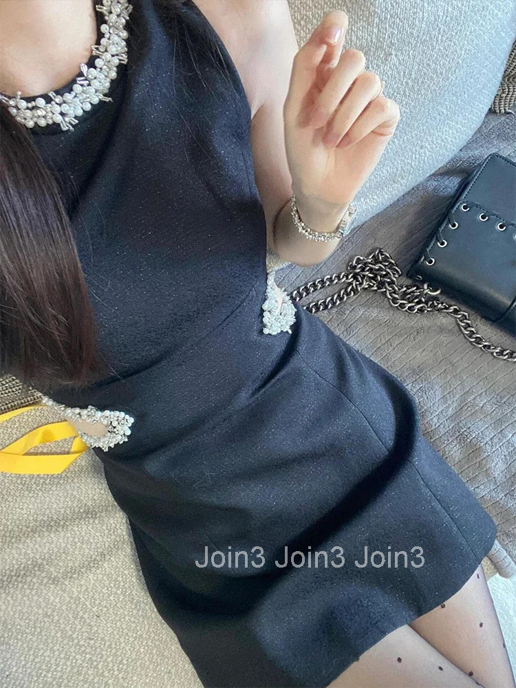 French Elegant Sexy Hot Girl Sleeveless Birthday Black Dress High End Waist Cinched Slimming Hollow A-line Mini Dress for Women