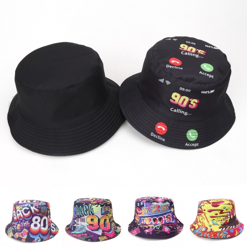 Stage Wear Bucket Hat Fashion Print Fisherman Hats Double Sides Flat Top Panama Caps for Men Women Reversible Outdoor Sun Hats Basin Cap