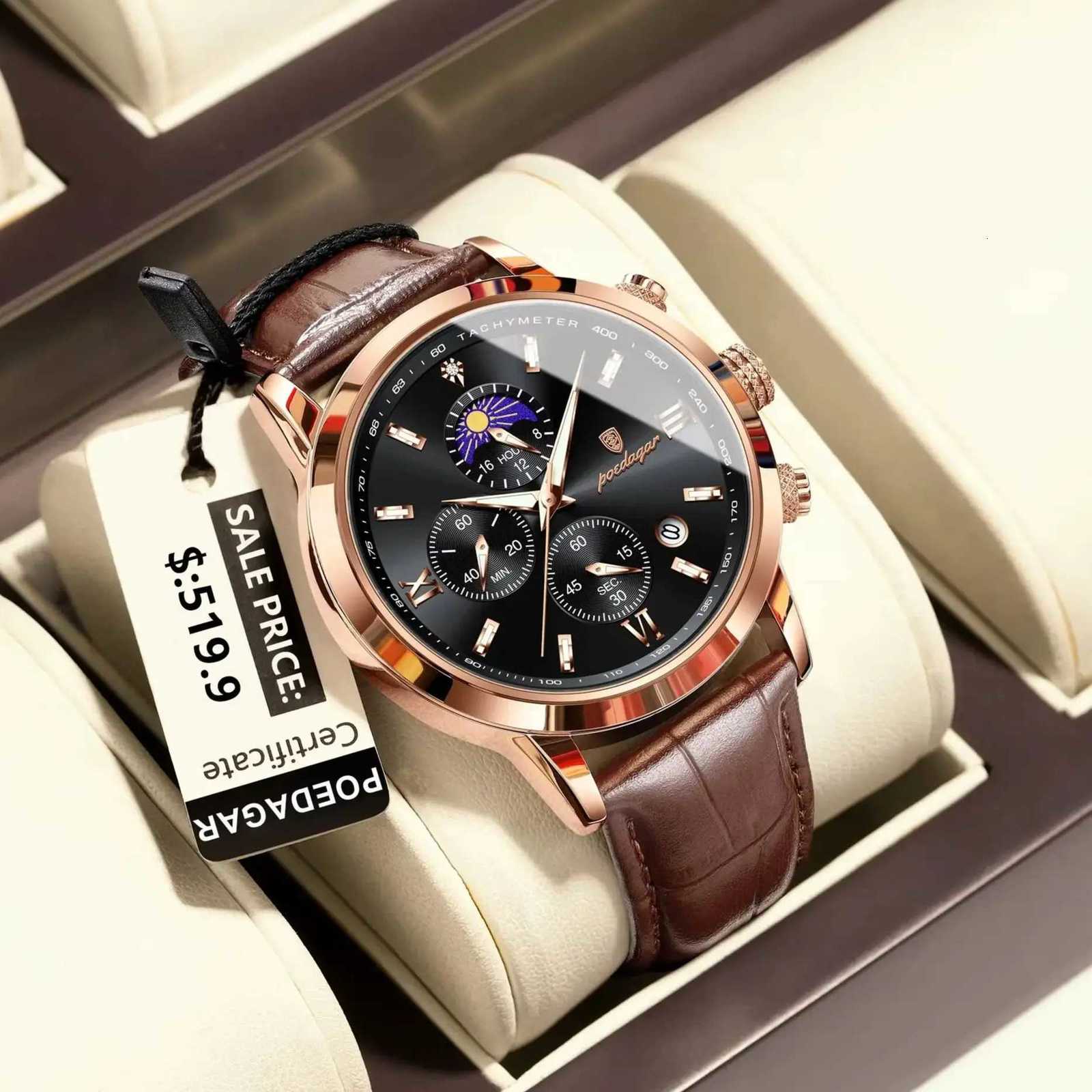 POEDAGAR Luxury Sports For Men Waterproof Luminous Date Chronograph Mens Wrist Leather Quartz Mens Watch W250806