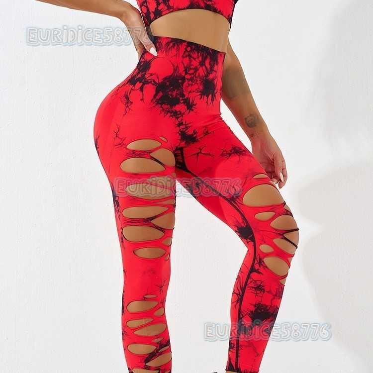 Seamless Tie-dye Ripped Yoga Pants Sexy Butt-lifting High-waist Hollow Sports Tight Yoga Leggings H250806