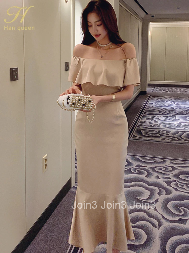 Hot Sale Sexy Slash Neck Mermaid Dress Elegant Fashion Slim Korean Party Long Vestidos Women Casual Simple Dresses