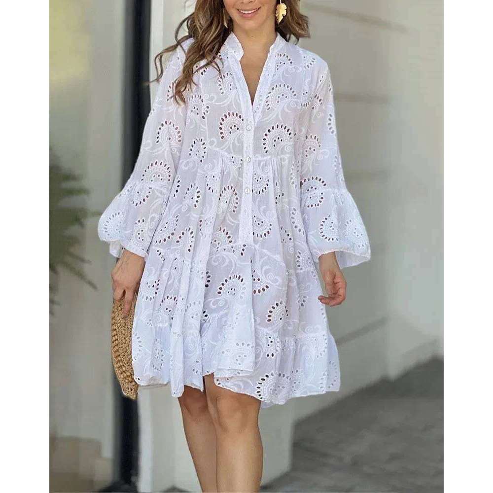 Designer Clothing 2025 Summer Elegant Vintage Solid Lace Dress V-Neck Loose Hollow Out Pattern Embroidery Vestidos Women Beach Sexy Mini White Dresses