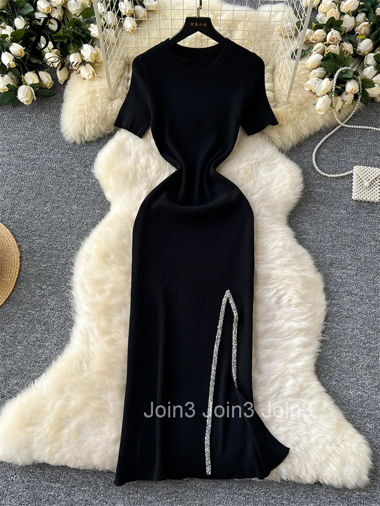 Senior Luxury Slim Dress Ladies O-Neck Bodycon Sequins Split Chic Design Summer Fashion Knitted Women Sexy Midi Dress