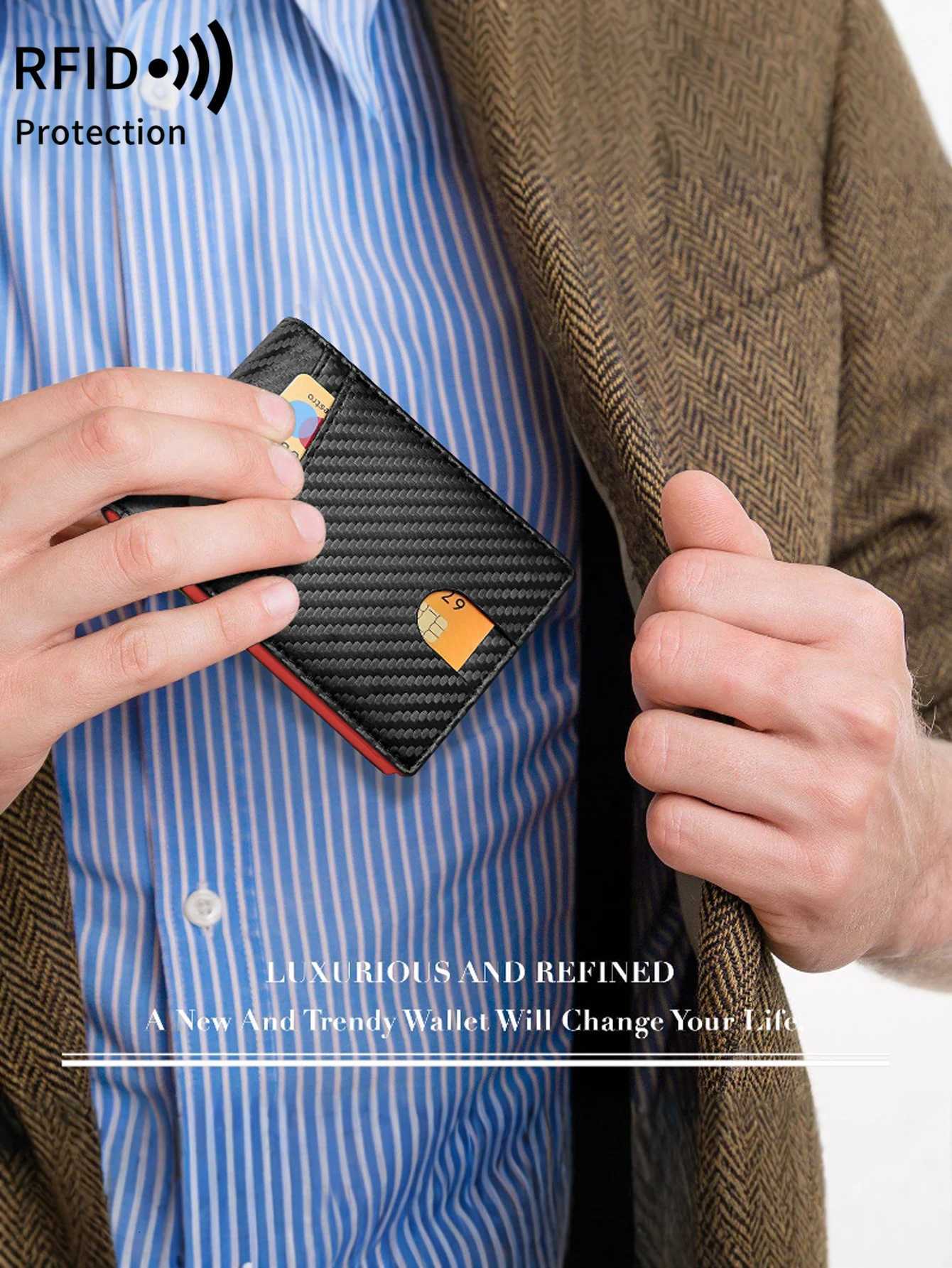 RFID Blocking Ultra-thin Trifold Wallet Carbon Fiber Pattern Portable Holder with 2 ID Windows and Multiple Card Slots XJ250806
