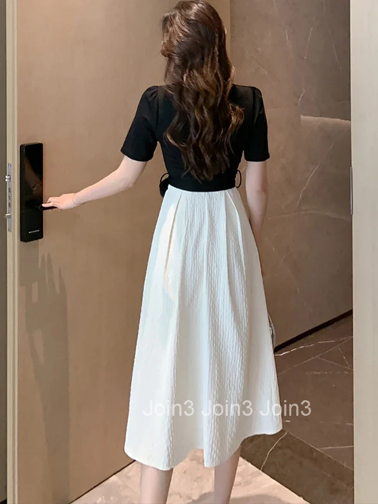 White Patchwork Black Chic Bow Midi Dress Summer Short Sleeve Sqaure Collar Casual Dress Women Korean Elegant Party Vestido