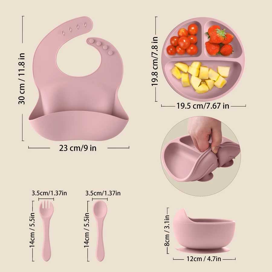 5Pcs Baby Silicone Feeding Set Round Dining Plate Sucker Bowl Dishes For Kids Baby Waterproof Bib Spoon Childrens Tableware X2508061