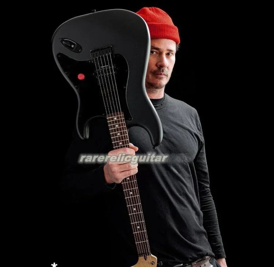 Custom Tom Delonge Satin Black Guitar, Red Button, Engraved Neck Plate, Hardtail Bridge