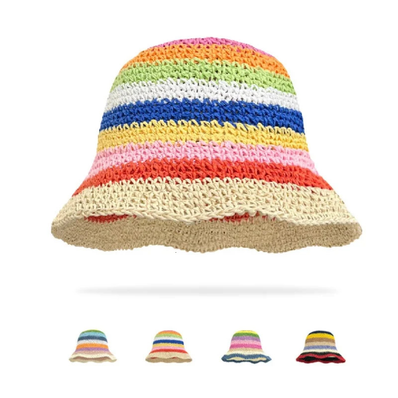 Sun Hat Womens Summer Sun Protection UV Protection 2024 Beach Vacation Fisherman Hat Rainbow Colorful Striped Basin Hat 250805