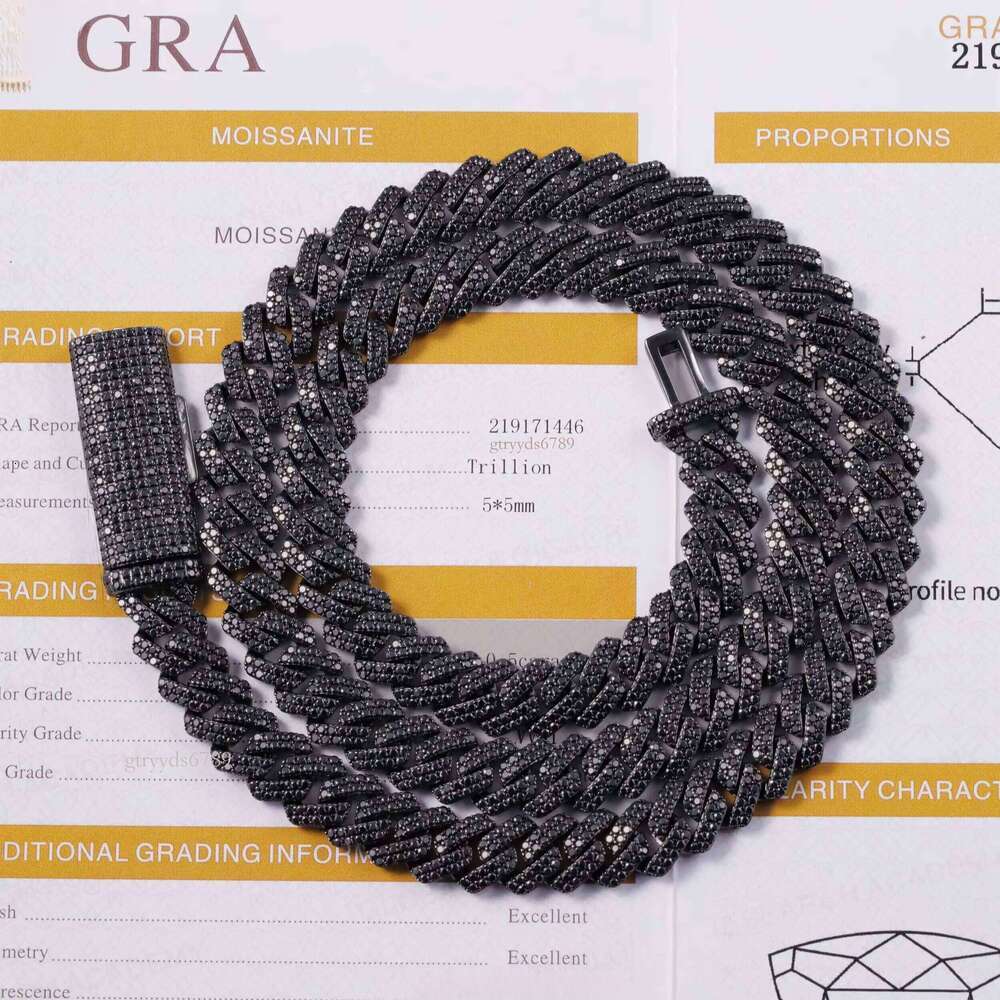 VVS Dia 2rows 10mm 12mm S Sier Hip Hop Necklace Men Black Moissanite Cuban Link Chain For Fashion Jewelry