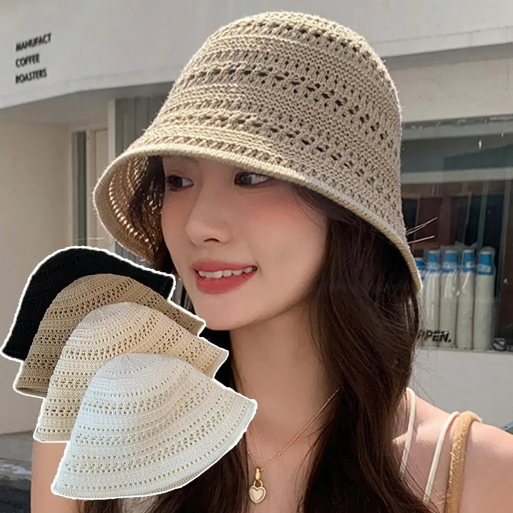 Summer Fashion Wide Brim Bucket Hat For Women Hollow Out Breathable Crochet Sun Hat Outdoor Casual Versatile Wear Panama Hat 250806