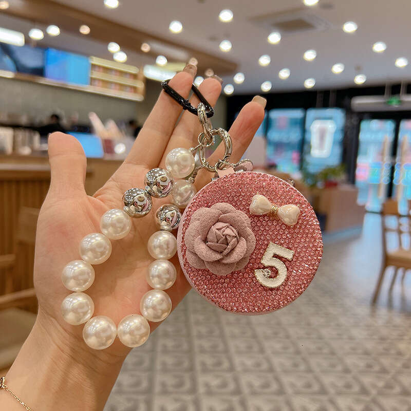 DHpet_wholesale Glamorous Camellia Mirror Keychain - Crystal-Studded Compact Mirror with Beaded Chain, Korean Style Bag Charm Gift (103g)