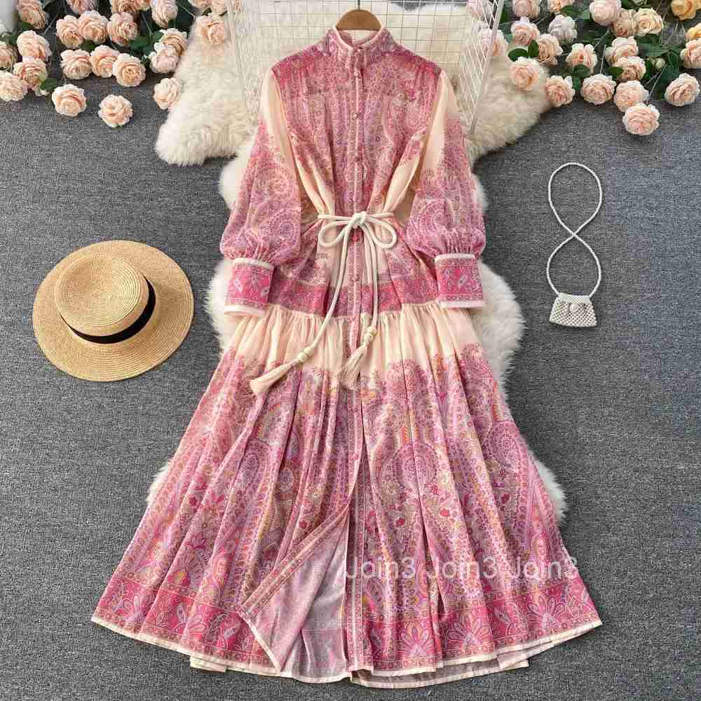 Early Spring New Sensibility Niche Stand Collar Lantern Sleeve Printing Dress Loose Fit Slimming Elegant Long Dress