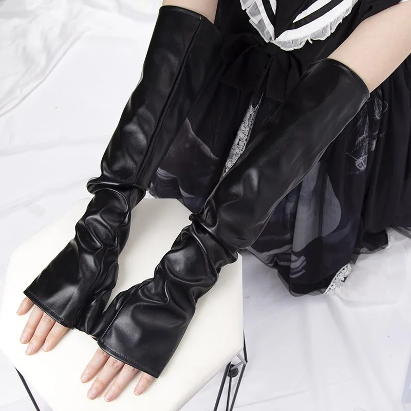 Black Punk Gothic Sexy Long PU Leather Fingerless Gloves for Women Rock Gloves Hip Pop Mittens Clubwear Dance Cosplay 250806