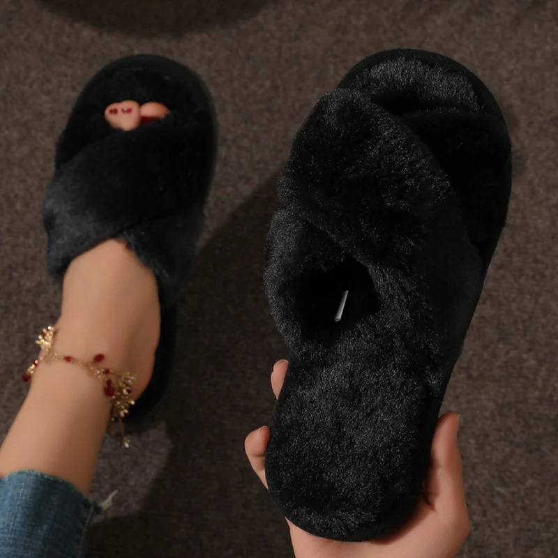 Fashion Cross Strap Fur Slippers Women Indoor Light Warm Plush Home Slippers Woman Faux Fur Flat Heel Couple Slides Plus Size 43 250731