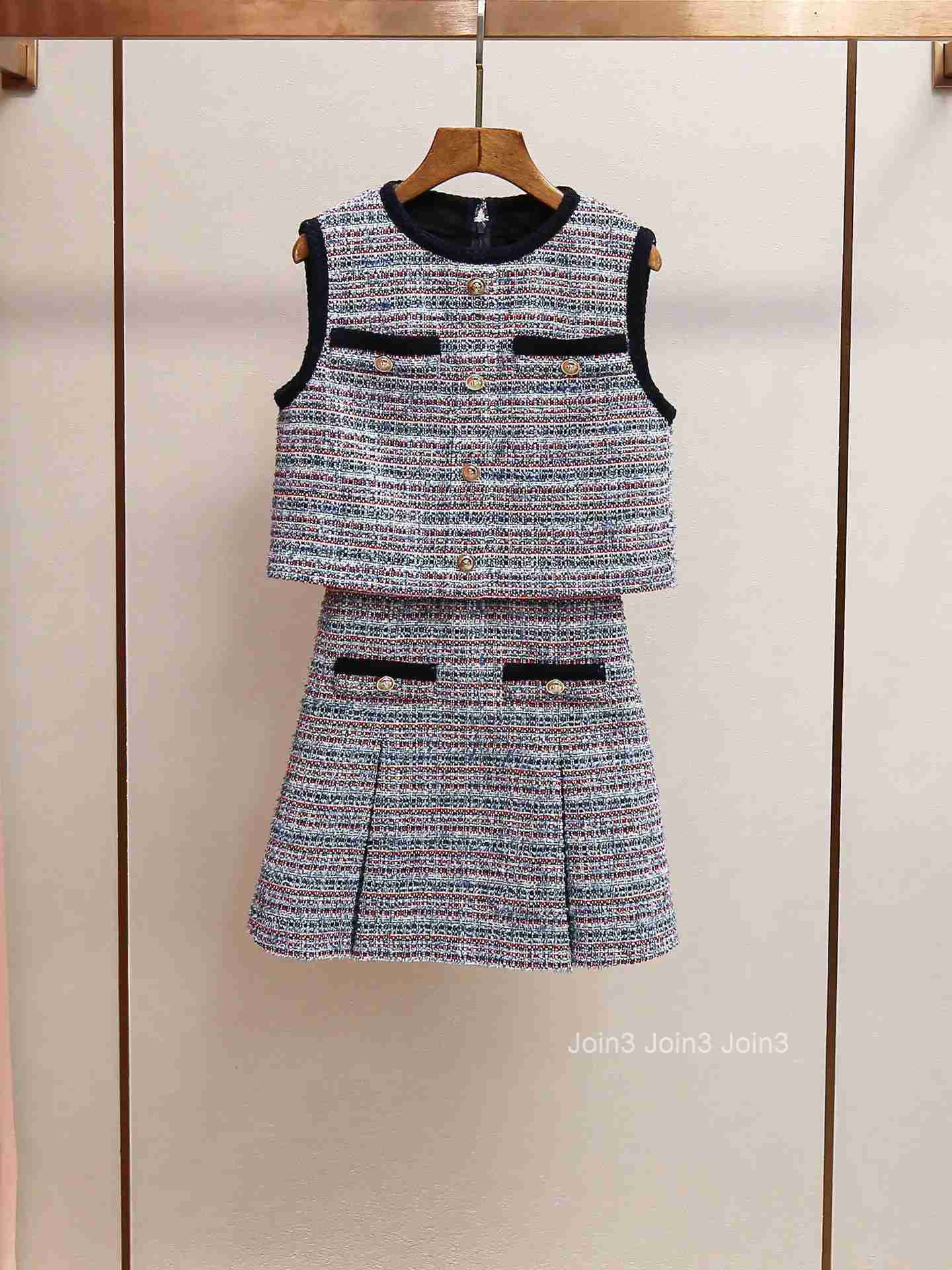 Vintage Tweed Womens Two-Piece Set Dress Round Neck Single Breasted Sleeveless Vest Top or Patchwork A-Line Short Robe