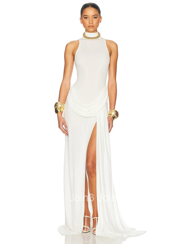 Blifanbo Turtleneck Off-shoulder Sleeveless Thigh Split High Waist Pleated Maxi Dress For Women Elegant Fashion Club Party Dress