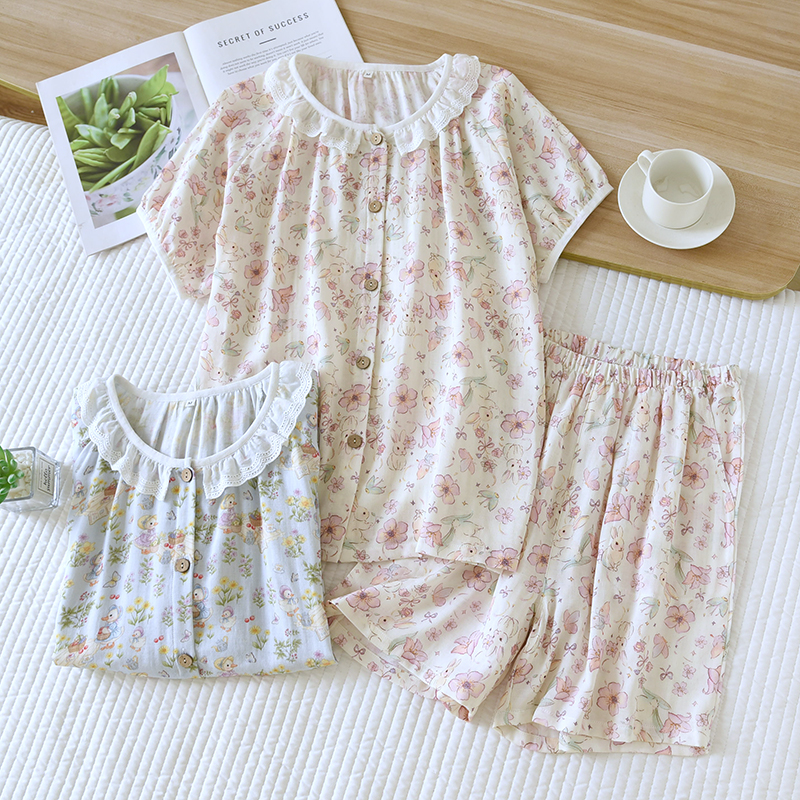 Digital double-layer gauze sleepwear, cute cartoon lace set for women, thin summer short sleeved shorts, cardigan, home wear