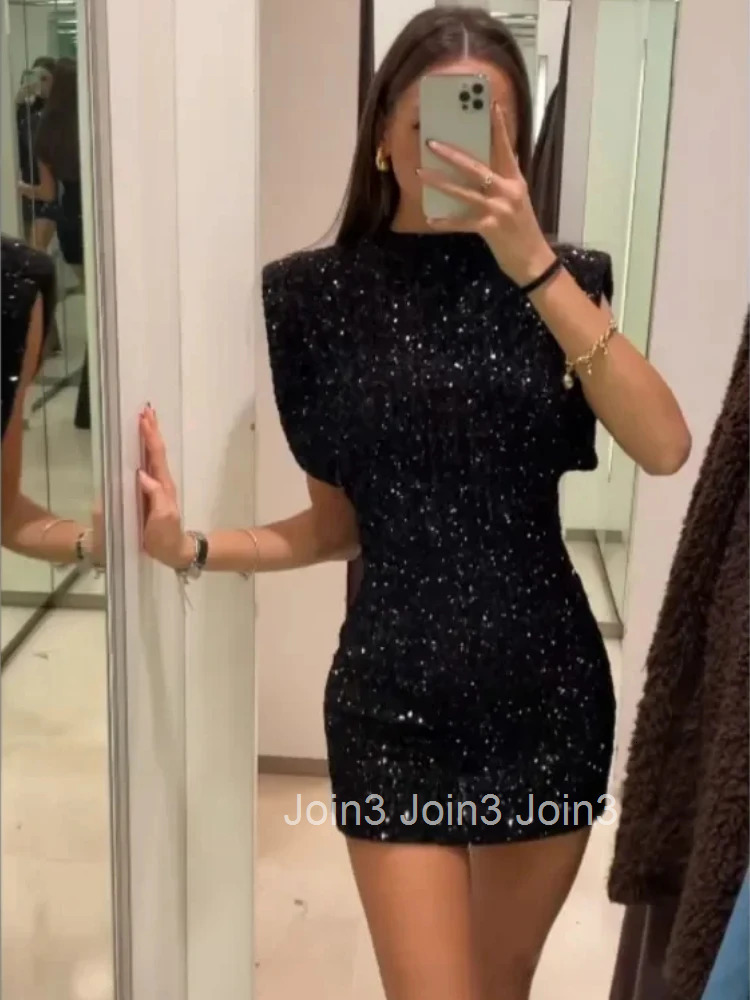 ZBZA Womens Shoulder Padded Sequin Dress Solid Sleeveless Hidden Zipper High Waisted Elegant A-line Mini Skirt New Female Dress