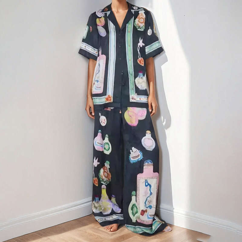 Personality Printed Short Sleeve Color Block Vacation Women's Fashion Set B5