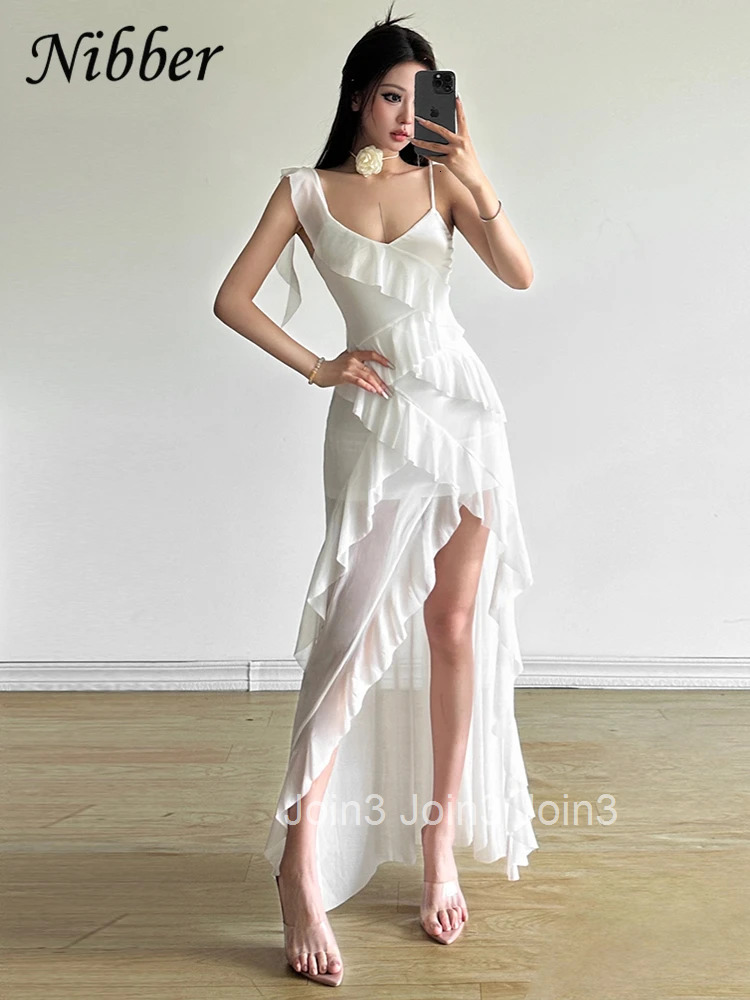 White Sweet Gentle Mature Ruffles Beautiful Summer Street Out WomenS Thin Perspective Tassel Design Long Sling Dress
