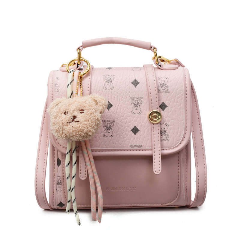 Chic Patterned Mini Backpack with Teddy Charm - Adjustable Straps, Multiple Compartments, Ideal for Teen Girls and Young Women
