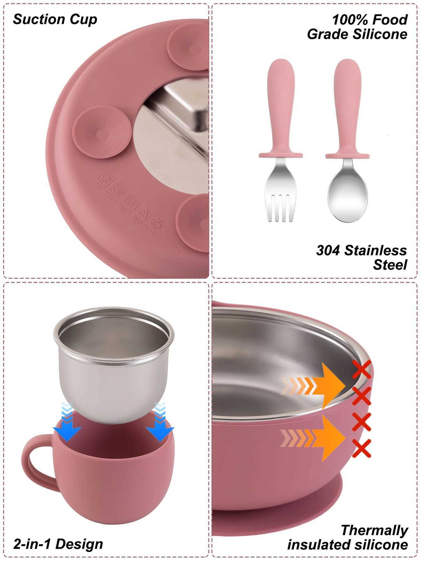 5PCS Stainless Steel Detachable Dishes Plate Baby Feeding Set With BPA Free Silicone Bowl Cup Infant Training Fork Spoon Gifts X250806
