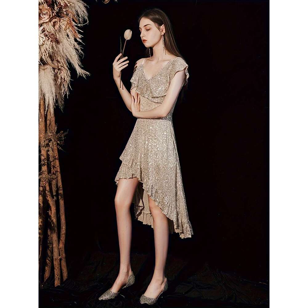 Elegant Champagne Sequin High - Neck A - Line Mini Evening Party Dress for Women