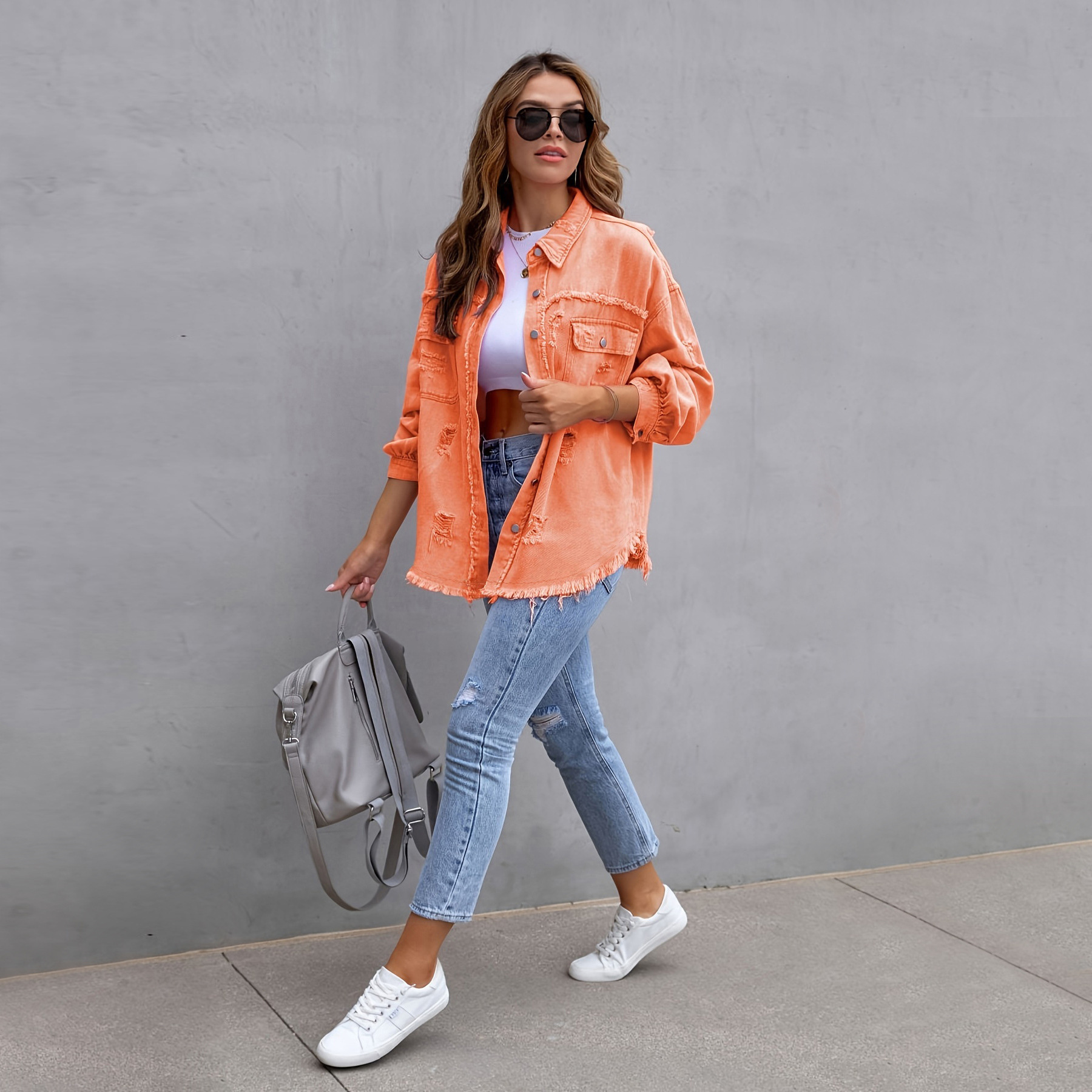 New Women's Jacket Solid Color Loose Fit Ripped Long Sleeve Denim Shirt