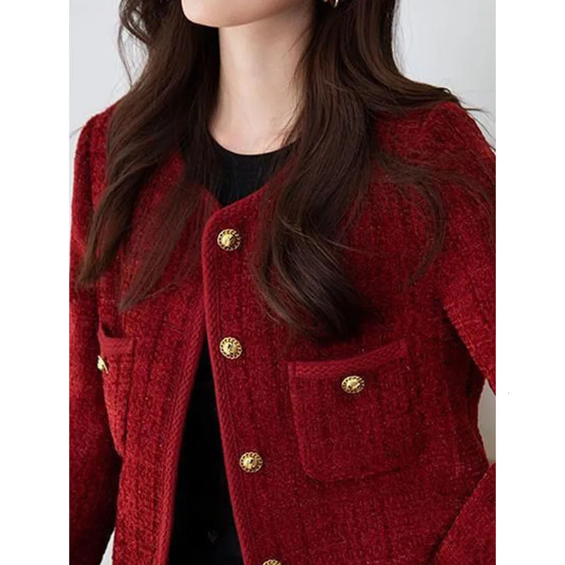 Lucyever Wine Red Tweed Coats Female Autumn Winter Fashion Temperament Short Jacket Korean All-Match O-Neck Outerwear 250804