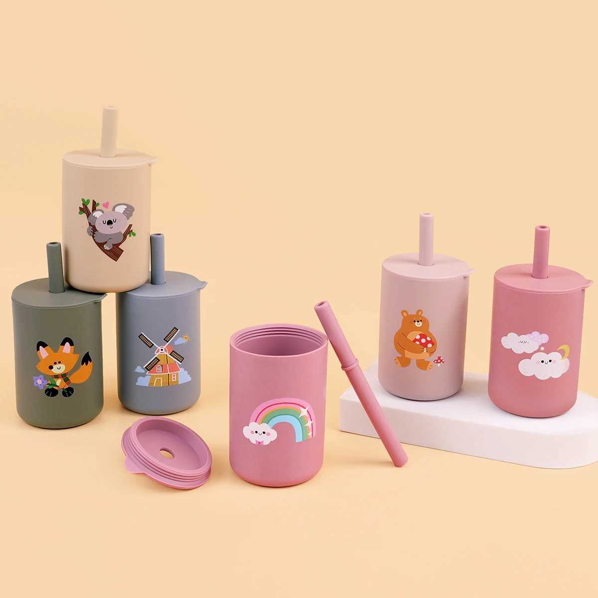 150ML Baby Silicone Cup with Exquisite Pattern Lid Portable Drink Straw Cup Children Leak-proof Feeding Grandma Bottle Cup X250806