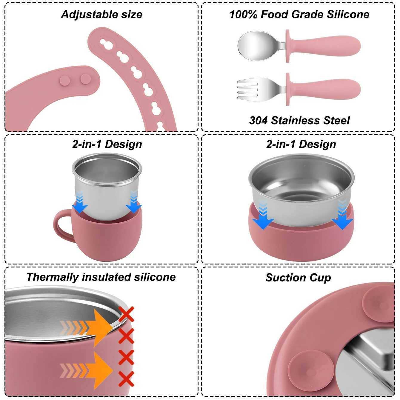 7PCS Food Grade Silicone Feeding Set Sucker Dishes Bowl Leakproof Bib Stainless Steel Utensils Toddler Cup Baby Newborn Items X250806