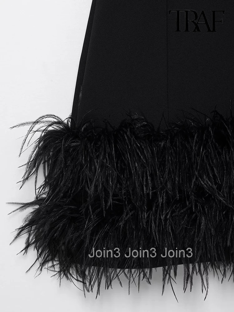 TRAF Womens Fashion Elegant French Splicing Feather Mini Dress Womens Sleeveless Round Neck Party Dresses Evening Gowns