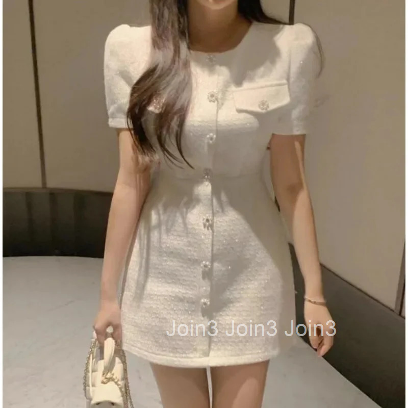 Chic Tweed Short Sleeve Bubble Dress Single Button Korean Style Mini Dress Fashionable Elegant Simple Design AE Stock Item