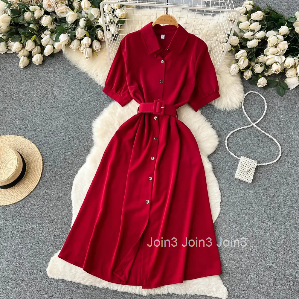 Summer Vintage Green/Blue/Red Turn-Down Collar Single Breasted Dress Casual Short Sleeve High Waist A-Line Midi Robe New Fashion