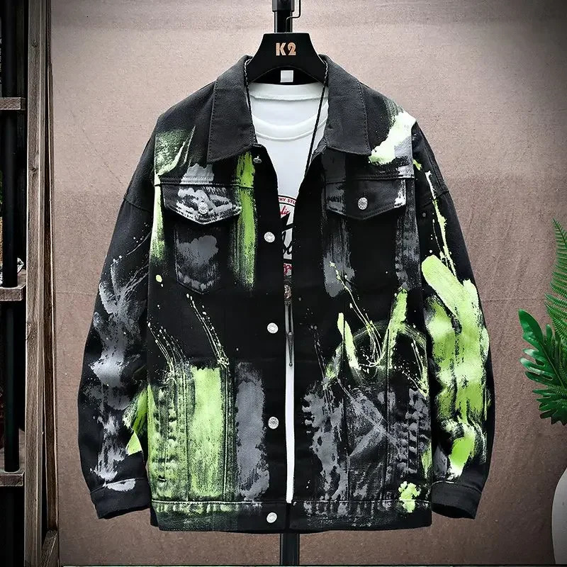 Button Hip Hop Black Male Jean Coats Mens Denim Jacket Wite Autumn Winter Outerwear Rock Worn Menswear One Piece Oversize 250806