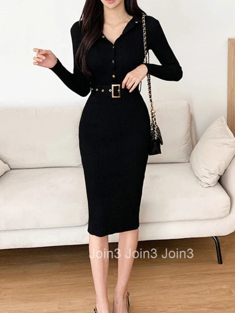 Elegant Sexy Single Breasted Stand Collar Long Sleeve Bodycon Dress Solid Color Stretch Knit Tight Slim Autumn Winter Dresss