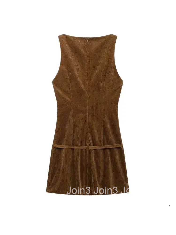 Womens Corduroy Mini Dress with Belt O Neck Sleeveless Back Zipper Female Dresses Fashion