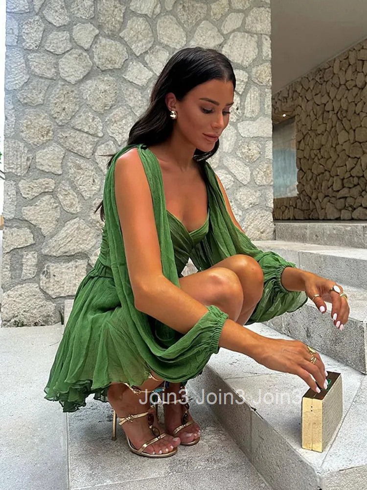 Womens Fashion Green Chiffon Mini Dress Elegant V-neck Split Long Sleeve Ruffle High Waist Dresses Lady Holiday Beach Vestidos