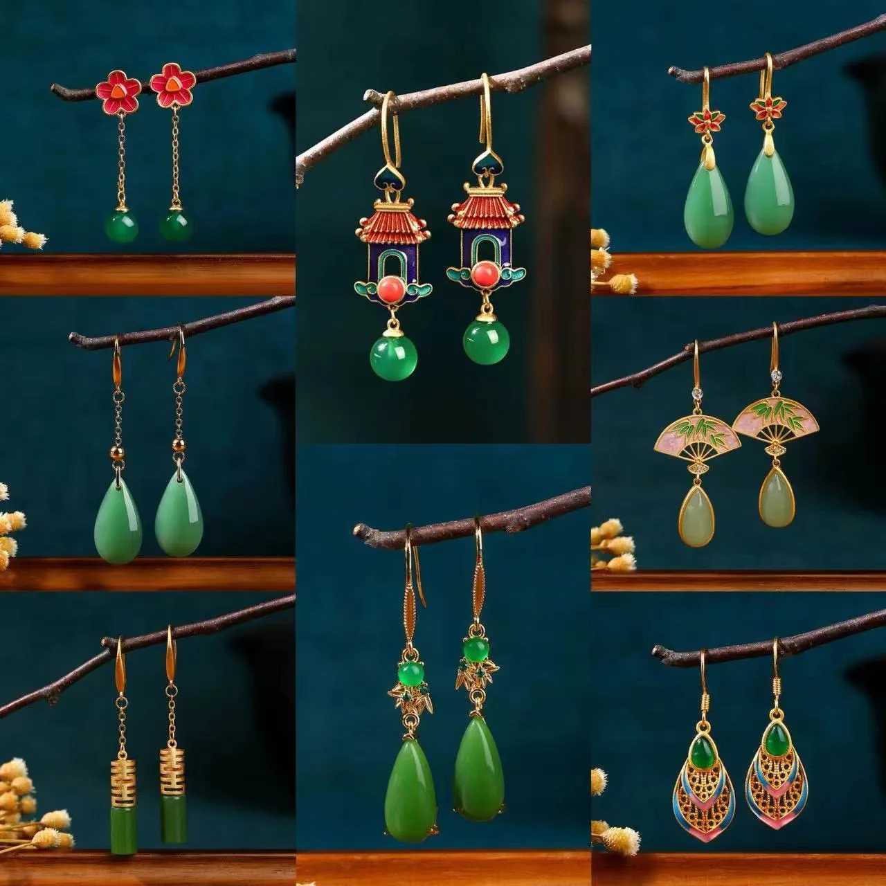 Ethnic Chinese Green Jade Earrings for Women Painted Enamel Hollow Design Luxury Jewelry Water Drop Shaped Pendant Retro Gifts Y250805