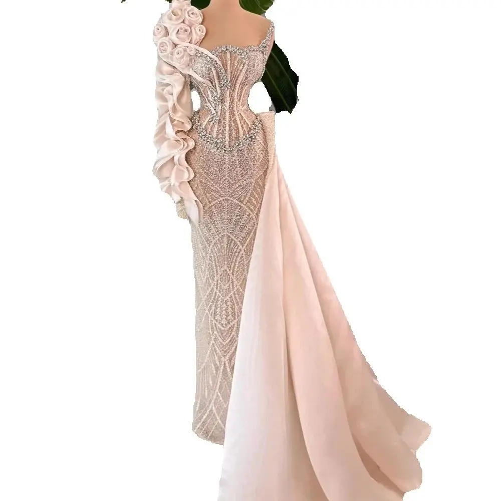 Simple One Shoulder Celebrity Evening Dresses Customized Crystal Sequined lace Prom Dresses Floor Length Party Formal Gowns