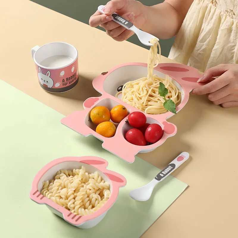 Cartoon Dinosaur Baby Feeding Plate Children Bamboo Fiber Tableware Tray Dish Bowl Fork Spoon Cup Food Training Dinnerware Set X250806