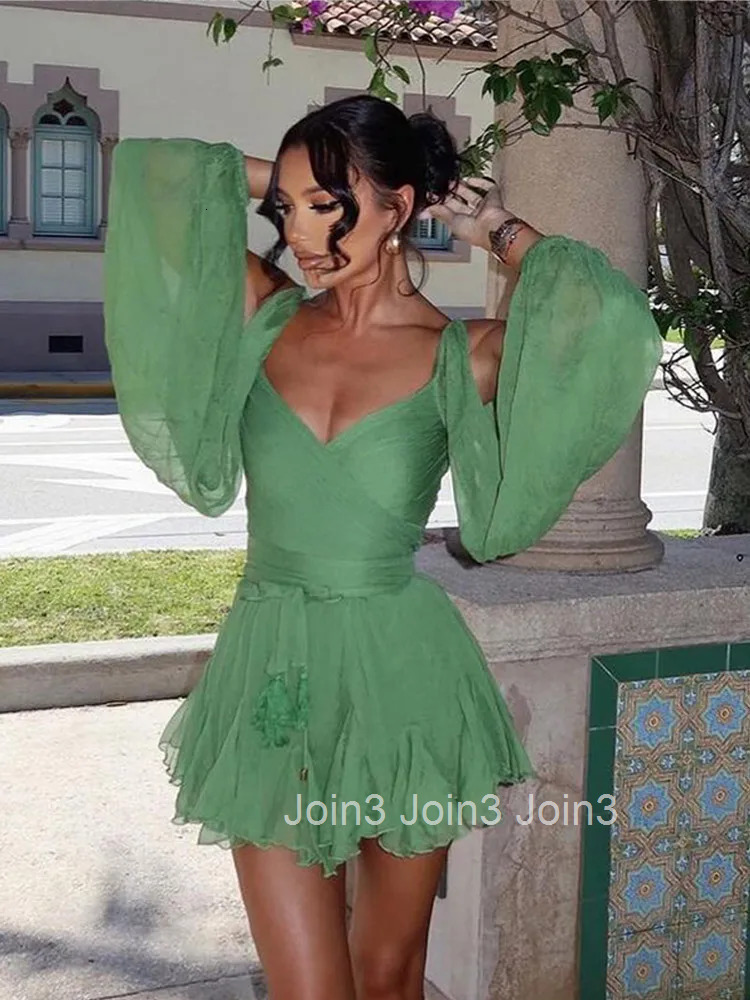 Womens Fashion Green Chiffon Mini Dress Elegant V-neck Split Long Sleeve Ruffle High Waist Dresses Lady Holiday Beach Vestidos