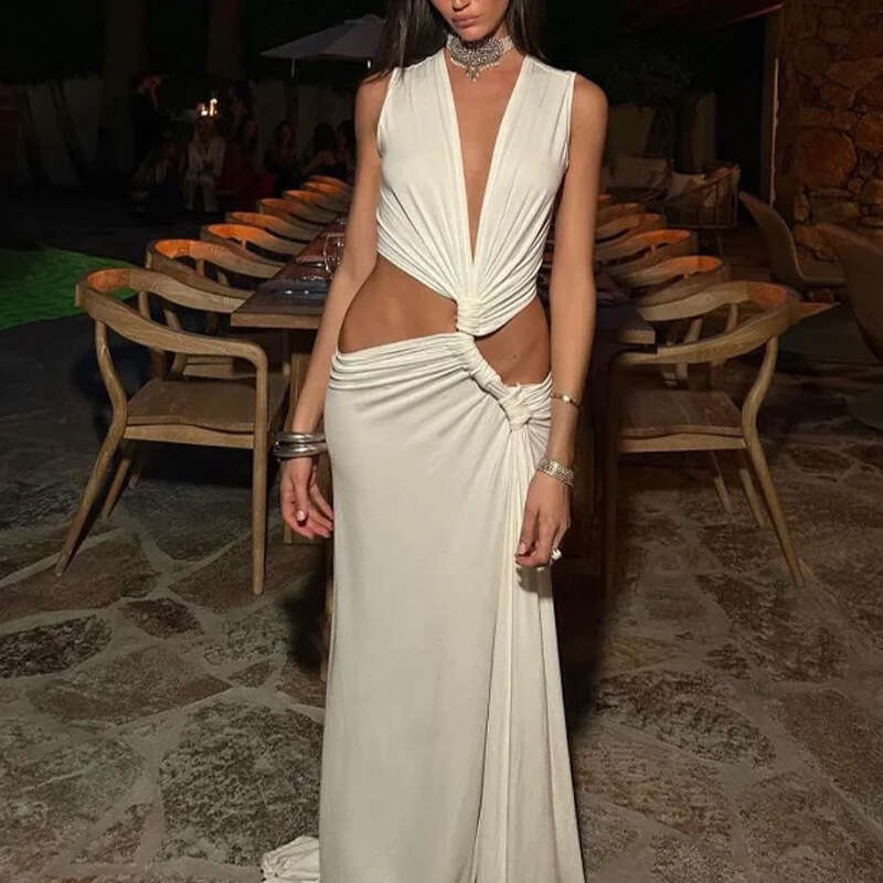 New Women's Hollow Out Knot Slit Deep V-Neck Irregular Dress For Women B5